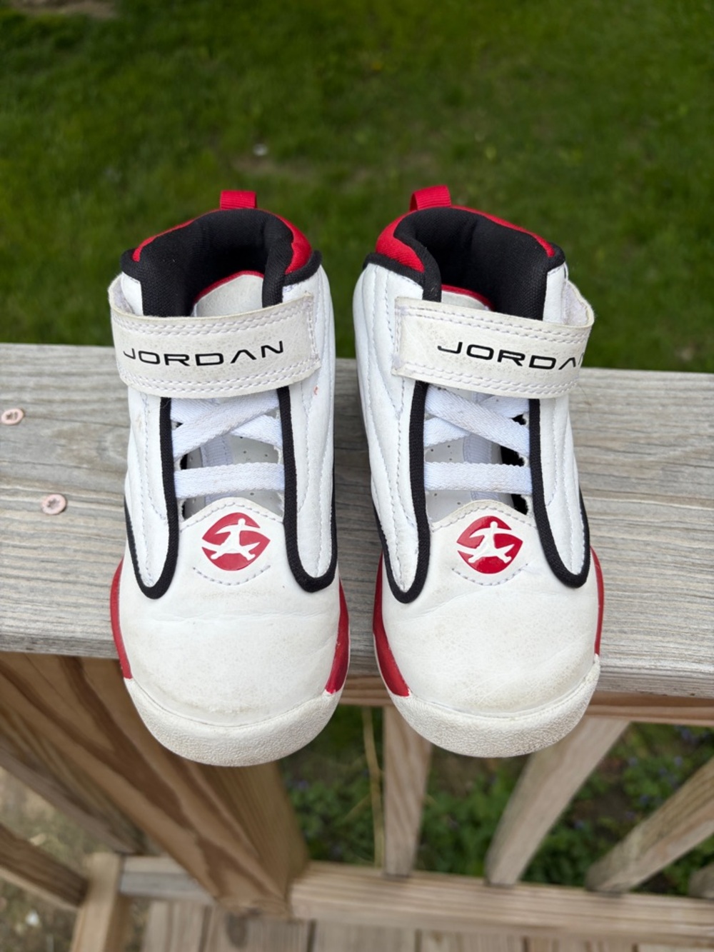 Jordan Pro Strong Kids White, Red & Black High-Top Sneakers 9C